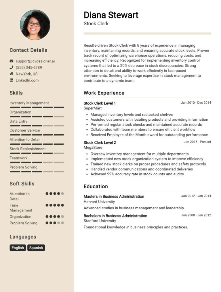 Stock Clerk CV Example For 2025: Examples & Free Templates