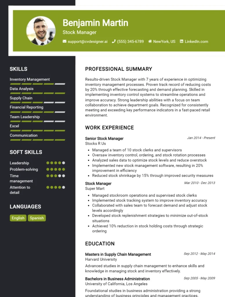 Stock Manager CV Example