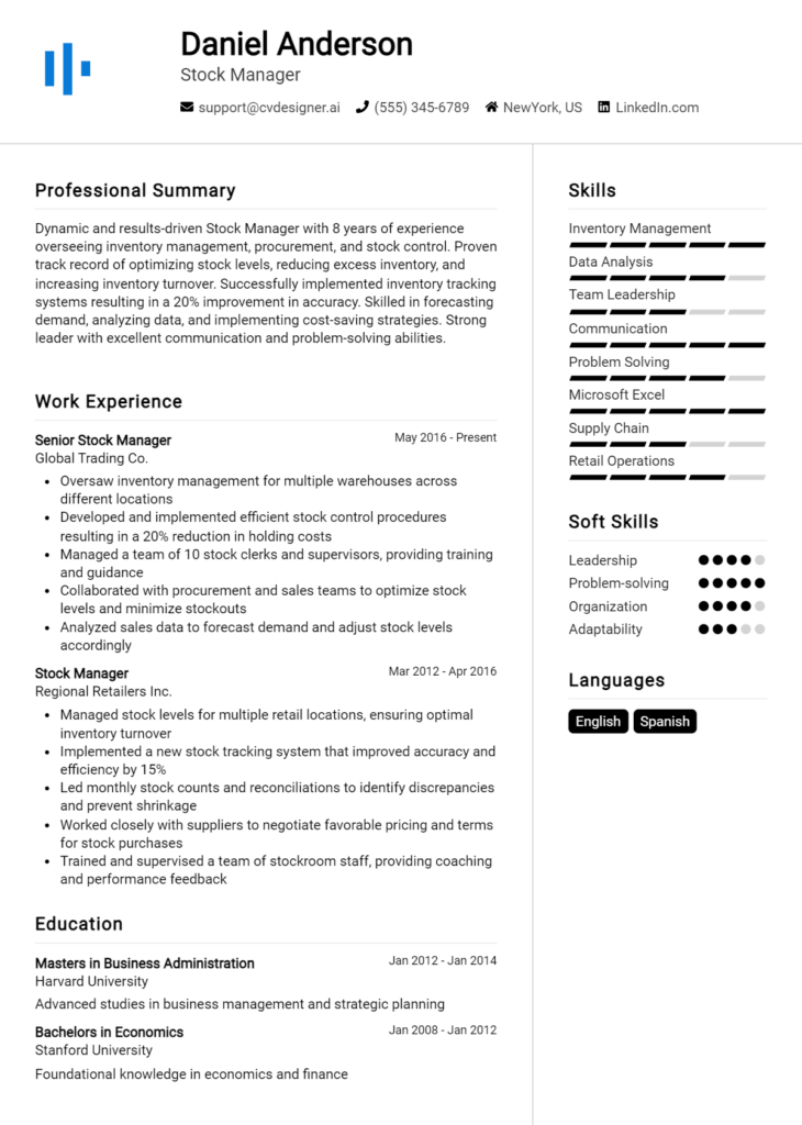 Stock Manager Resume Example