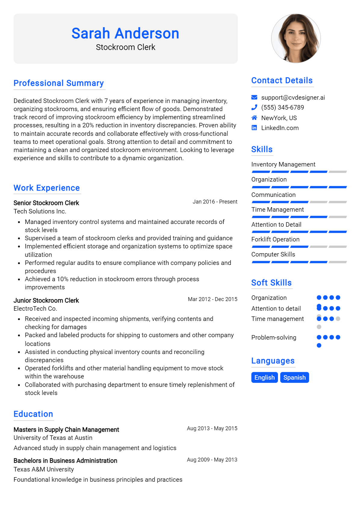 Stockroom Clerk Resume Example
