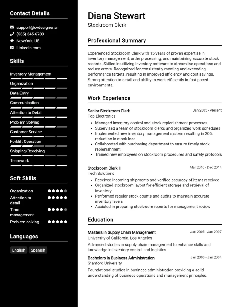 Stockroom Clerk CV Example