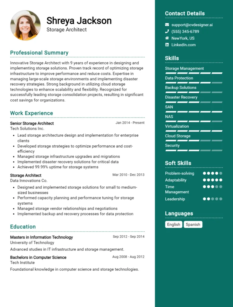Storage Architect CV Example For 2025: Examples & Free Templates