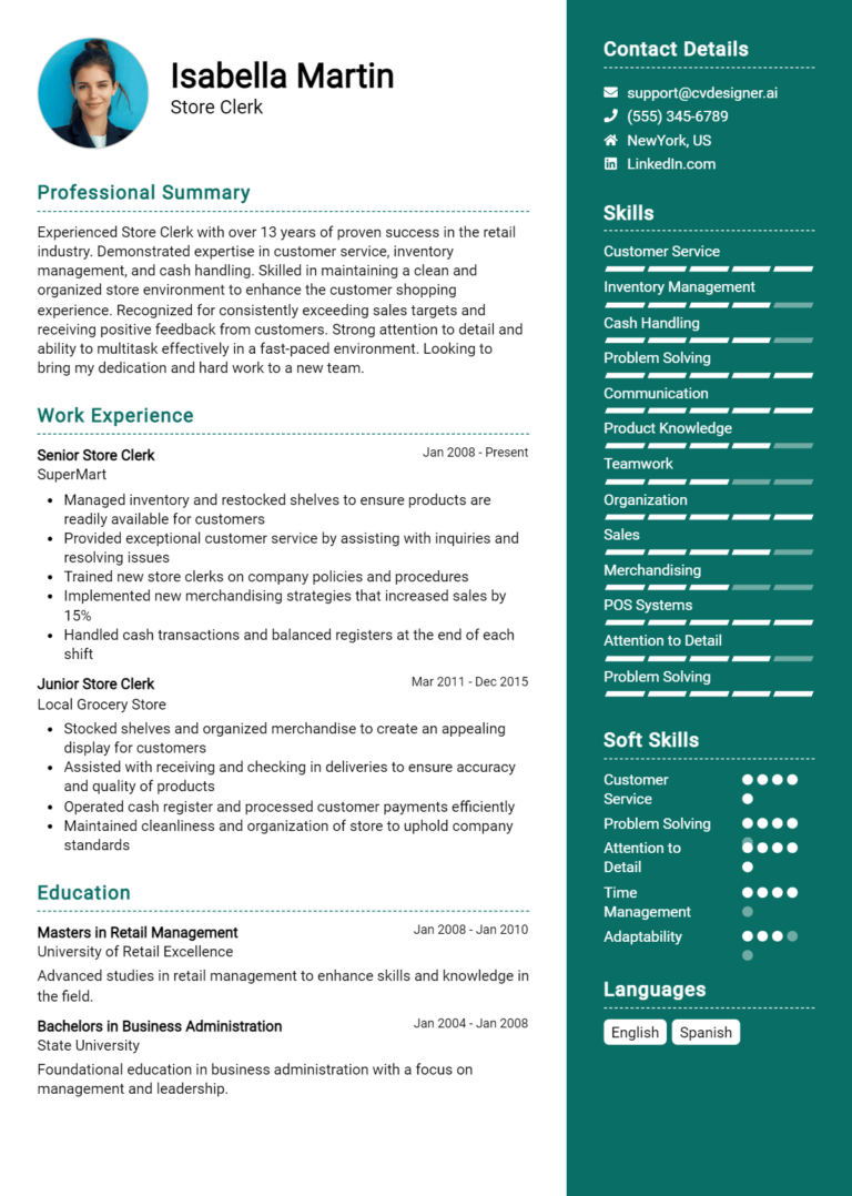 Store Clerk Resume Example for 2025: Tips & Templates
