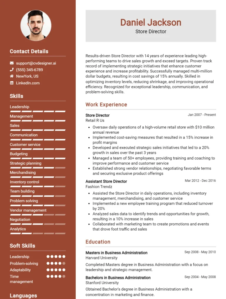 Store Director CV Example For 2025: Expert Tips & Templates