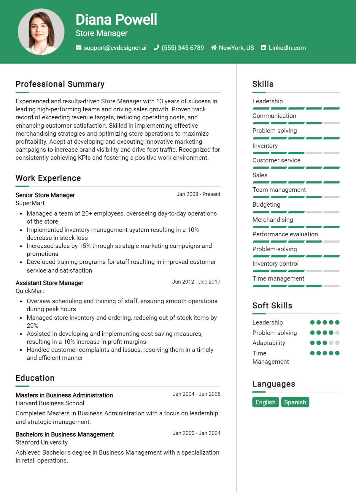 Store Manager Resume Example