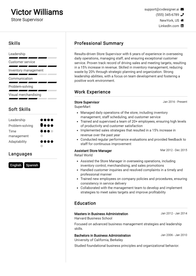 Store Supervisor Resume Example for 2025: Free Downloadable Templates