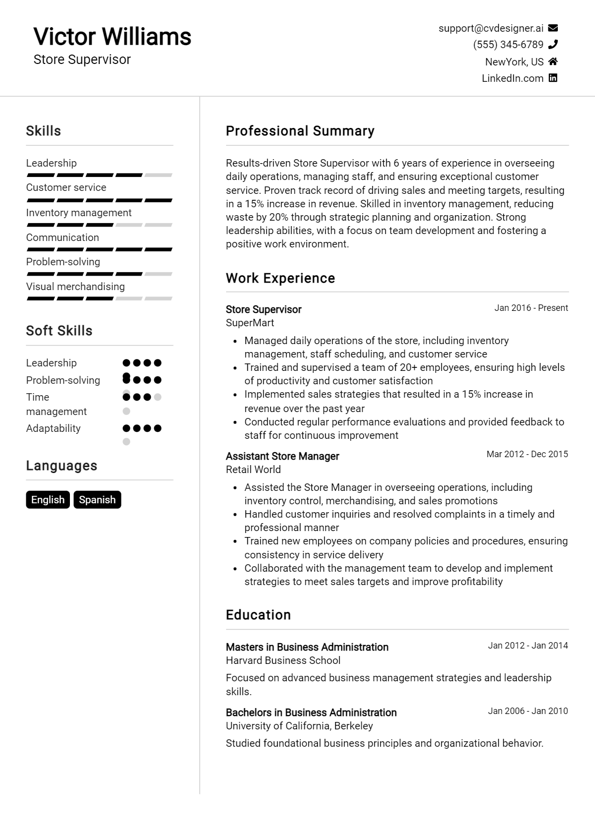 Store Supervisor Resume Example