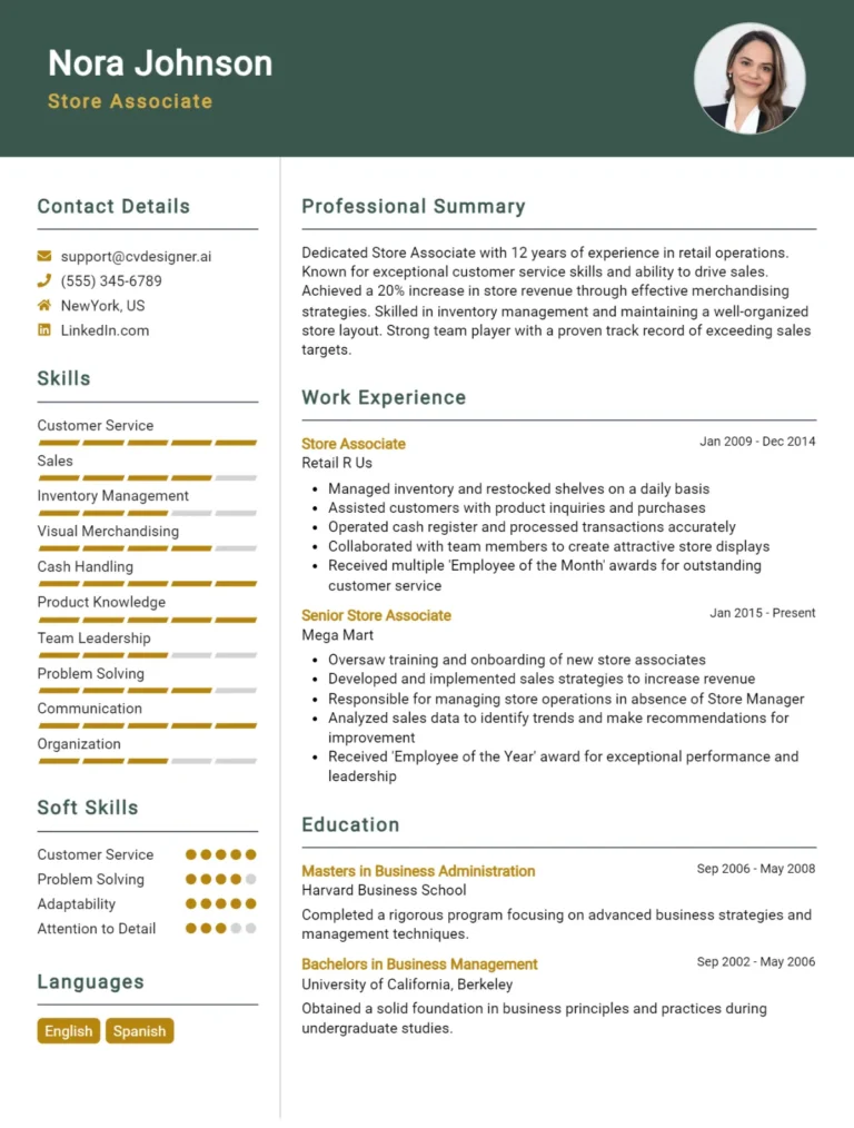 Store Associate CV Example For 2025: Professional CV Templates