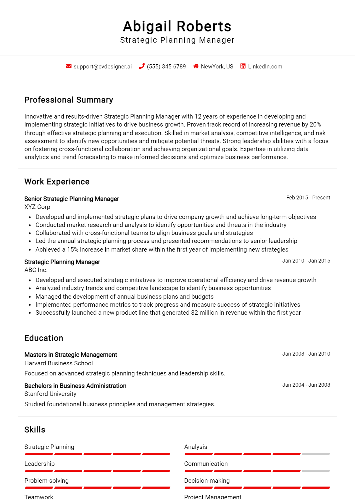Strategic Planning Manager Resume Example