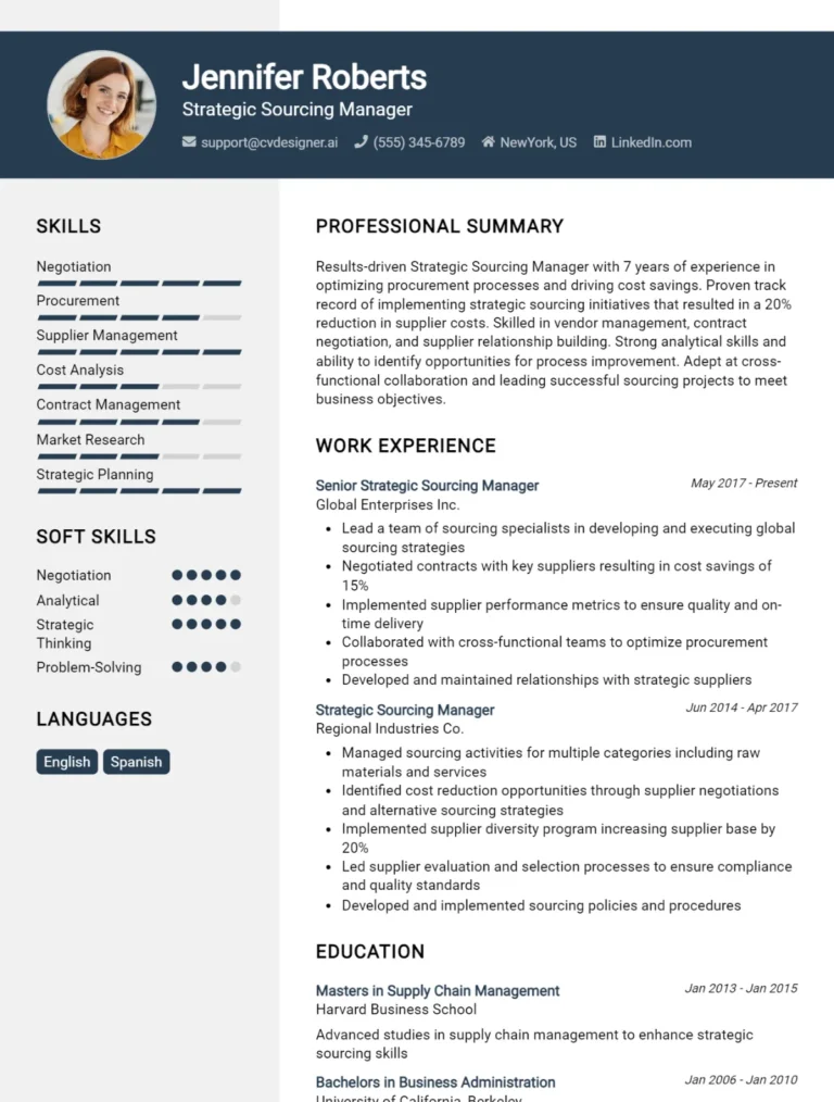 Strategic Sourcing Manager CV Example For 2025: Free Professional Templates