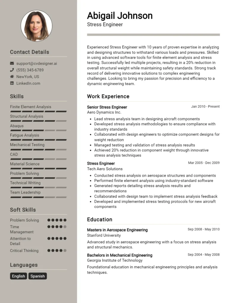 Stress Engineer CV Example