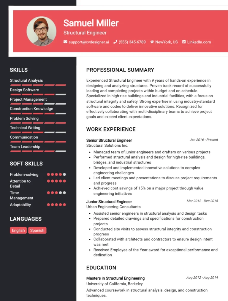 Structural Engineer CV Example For 2025: Samples & Best Practices