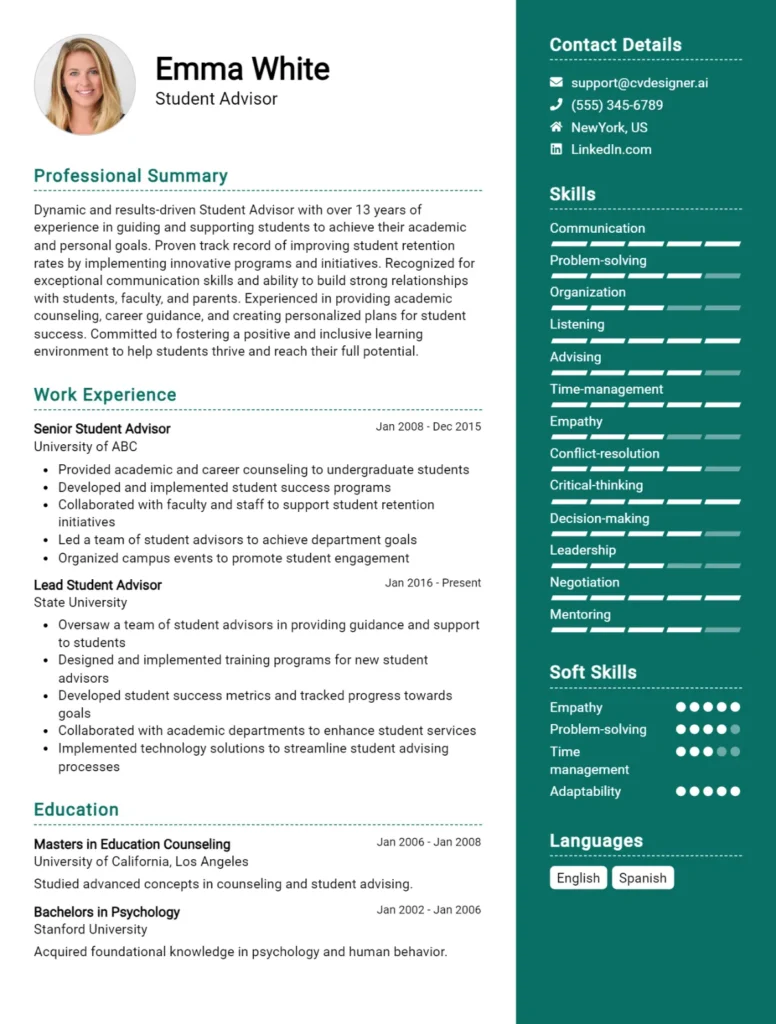 Student Advisor CV Example