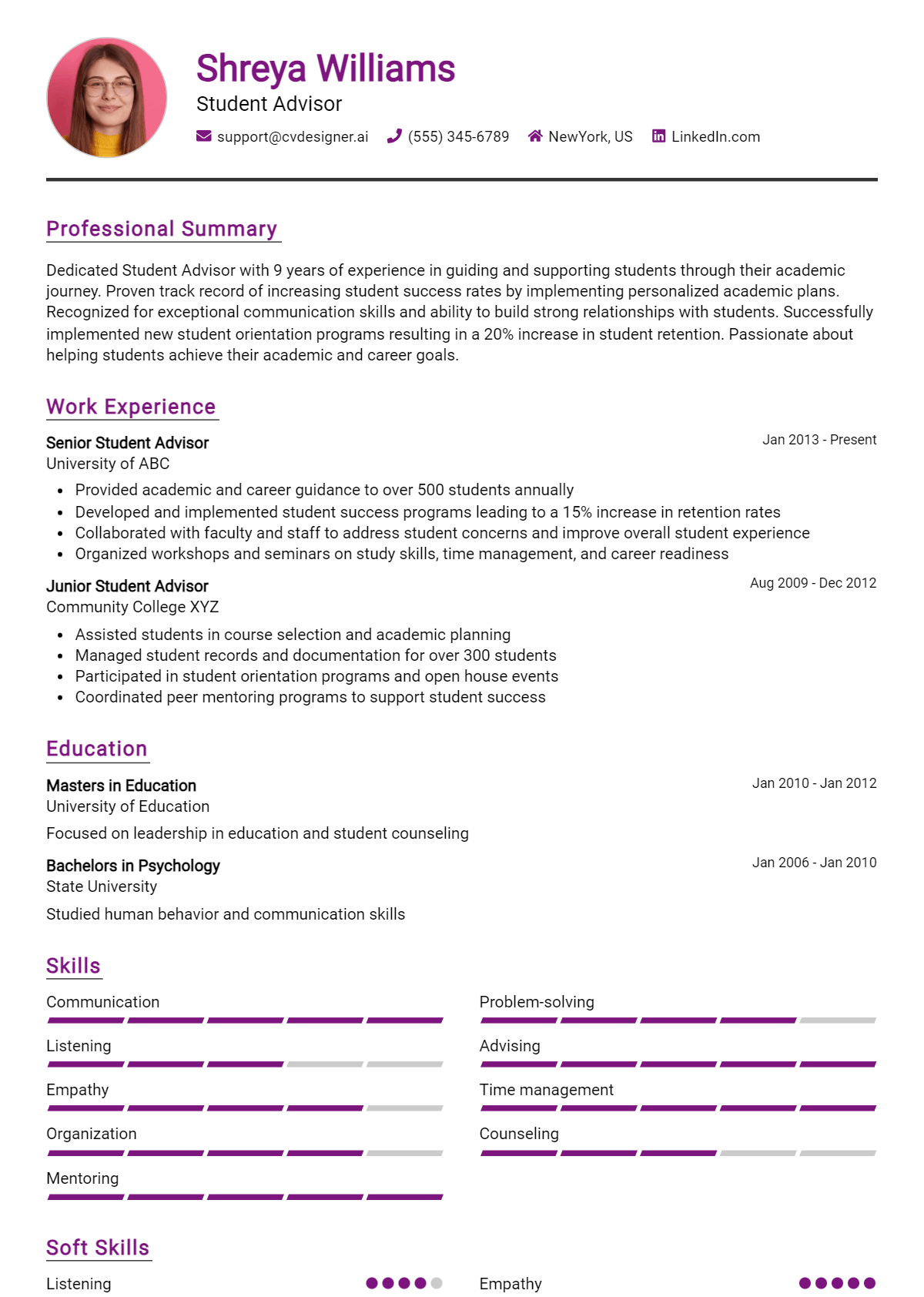 Student Advisor Resume Example