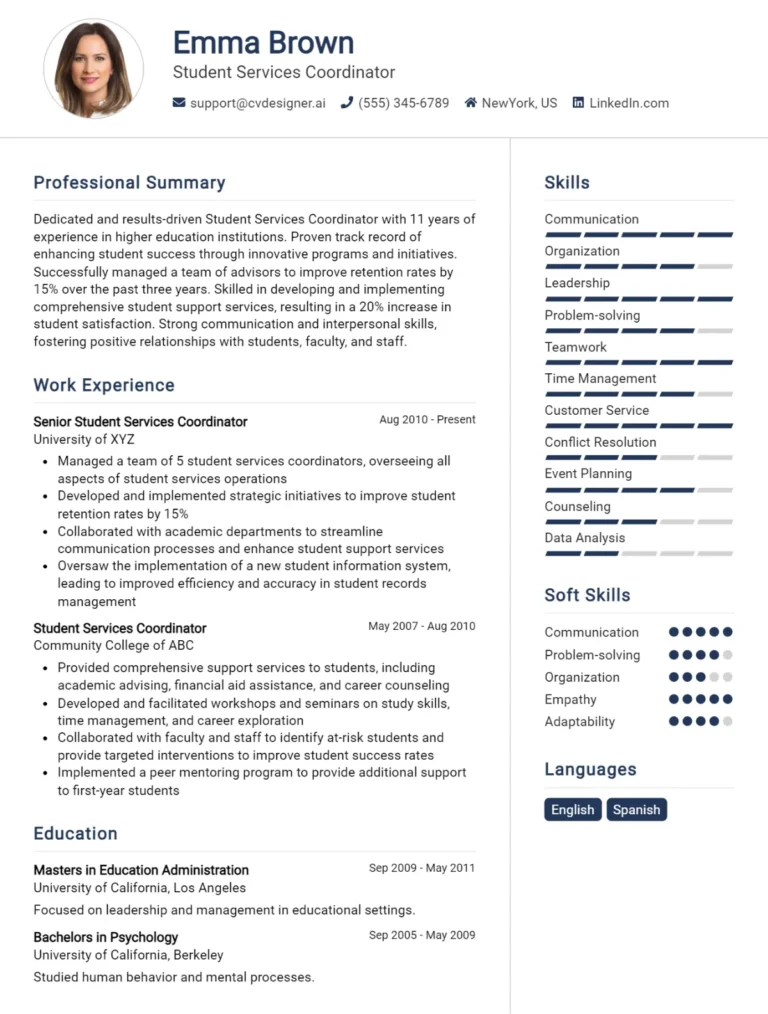 Student Services Coordinator CV Example For 2025: Professional CV Templates