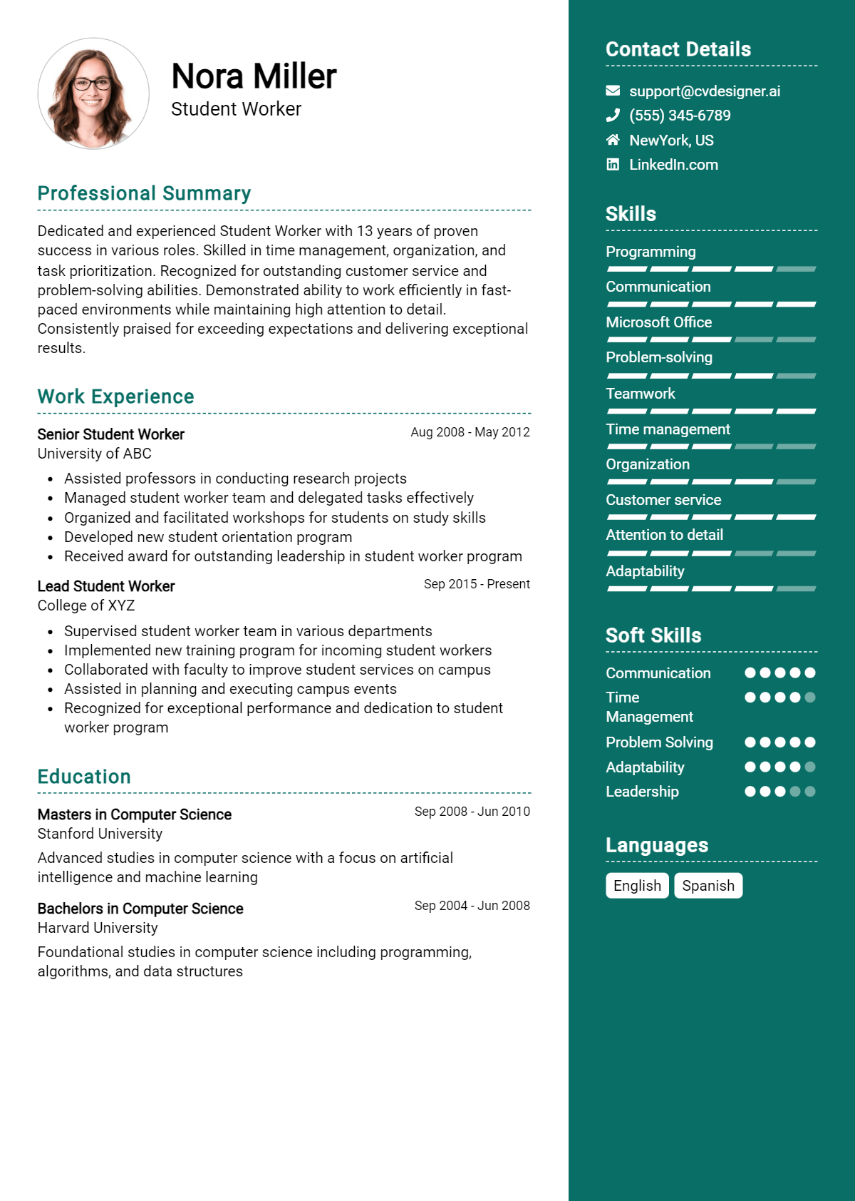 Student Worker Resume Example
