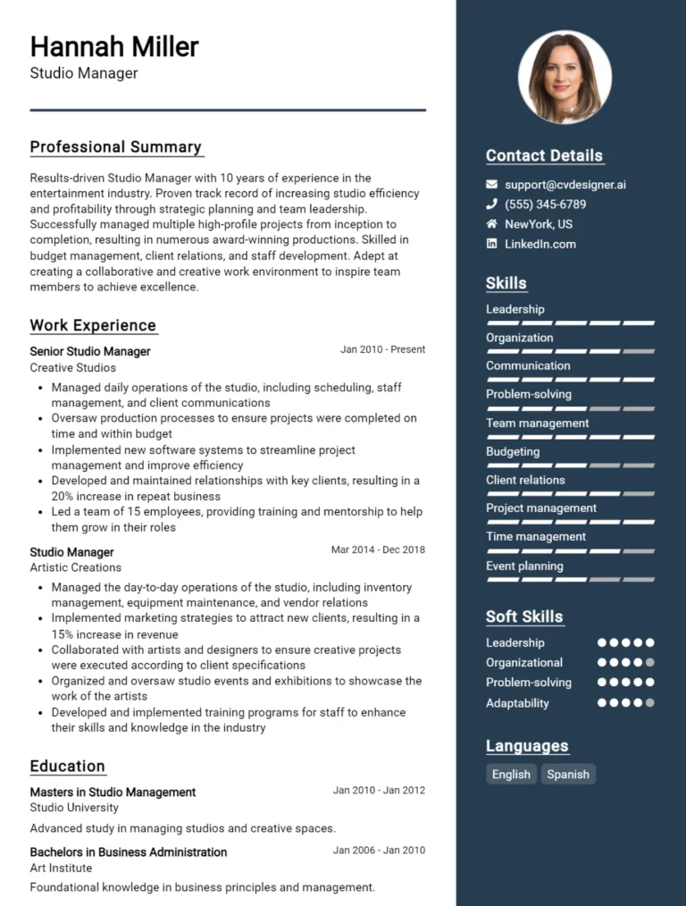 Studio Manager CV Example For 2025: Best Tips & Templates