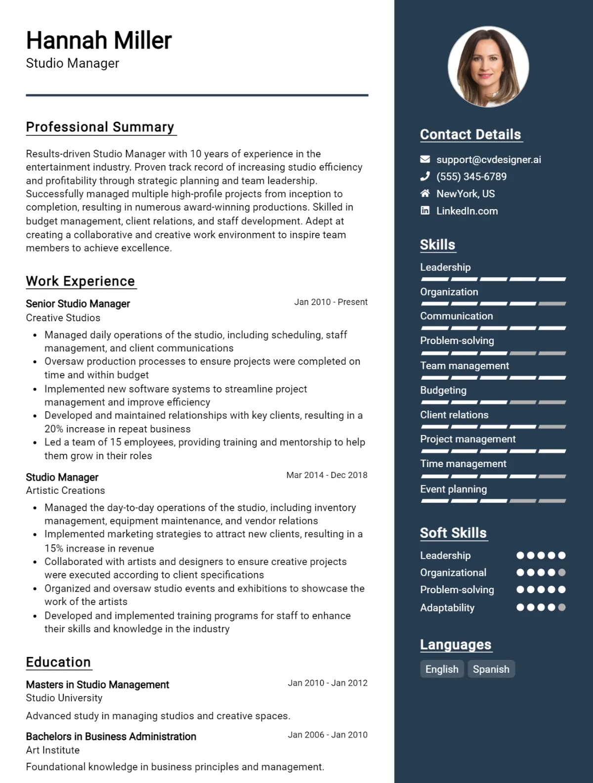 Studio Manager CV Example