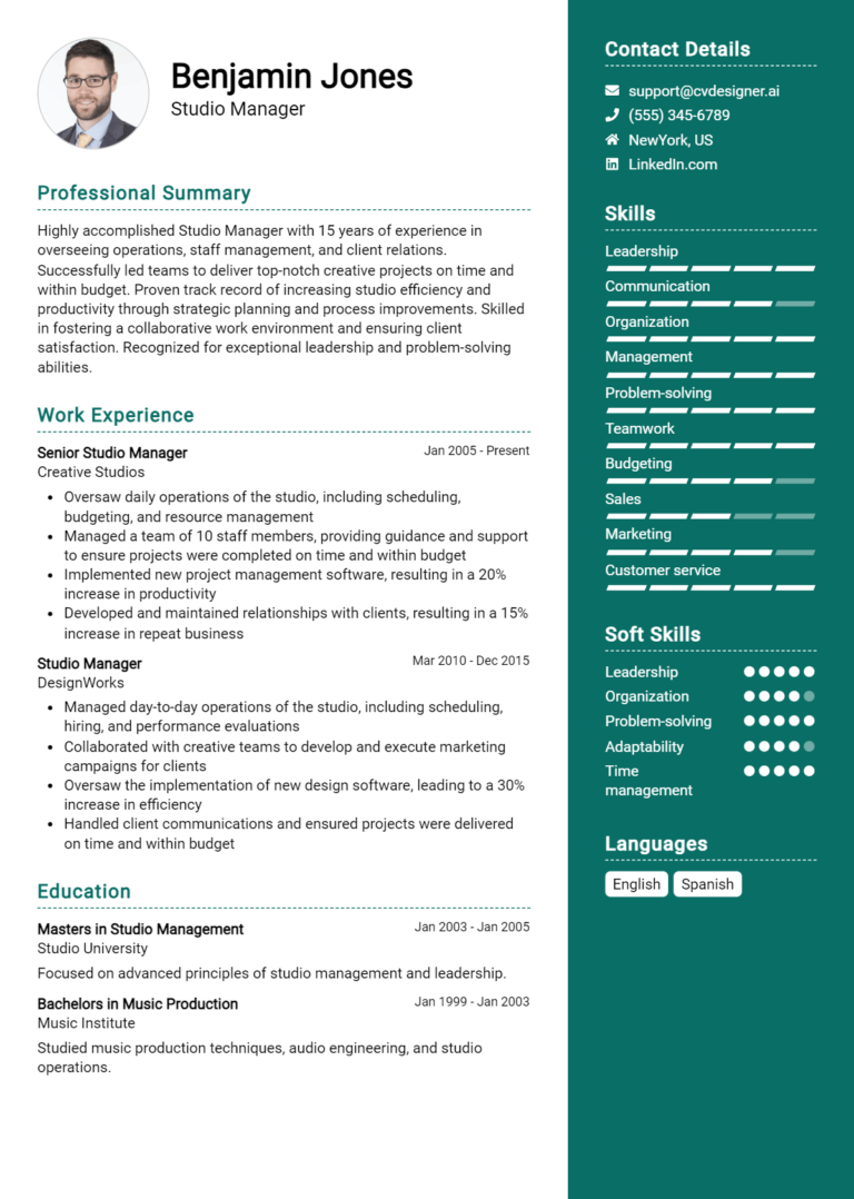 Studio Manager Resume Example for 2025: Resume Guide