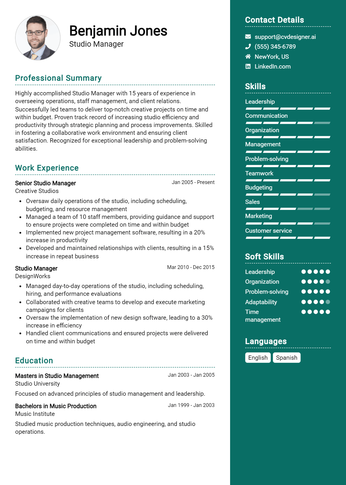 Studio Manager Resume Example