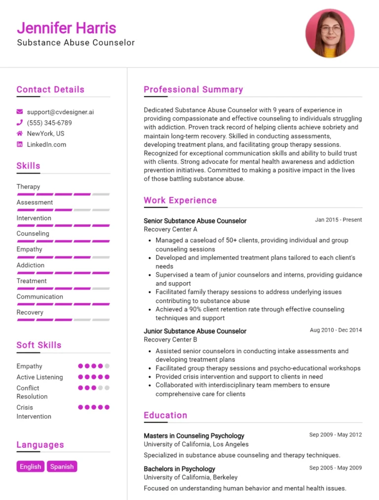 Substance Abuse Counselor CV Example For 2025: How to Craft a Winning CV