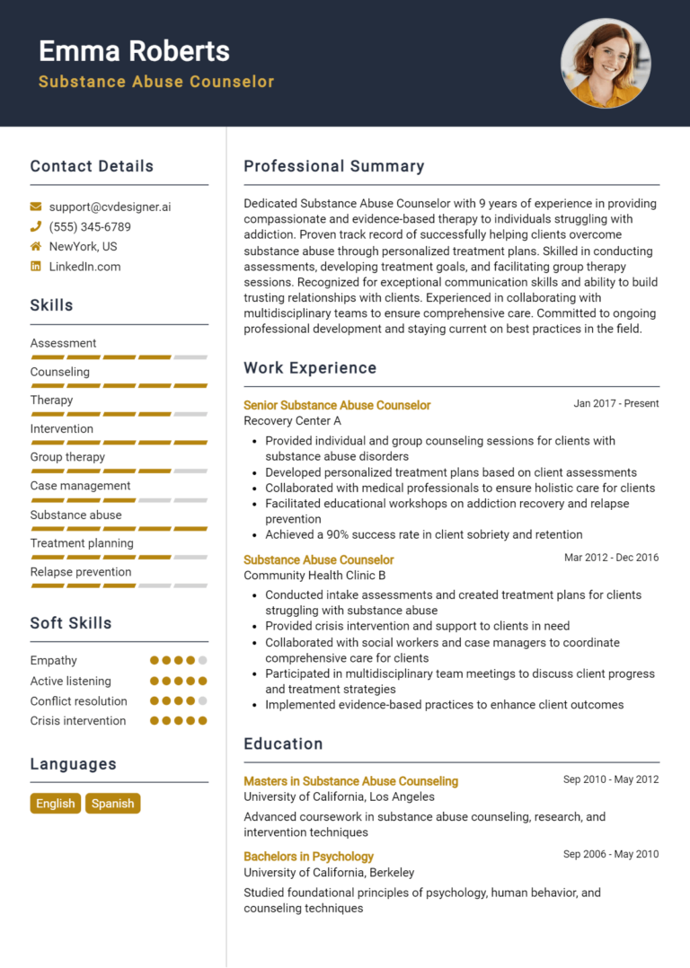 Substance Abuse Counselor Resume Example for 2025: Best Formatting Tips