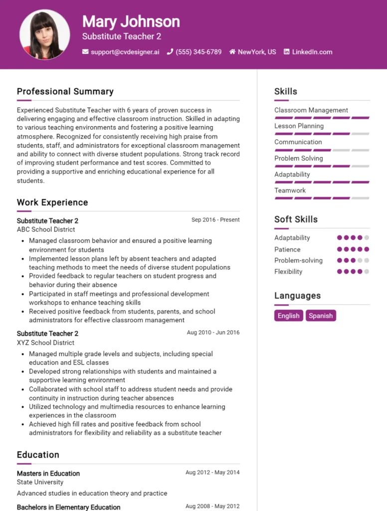 Substitute Teacher 2 CV Example