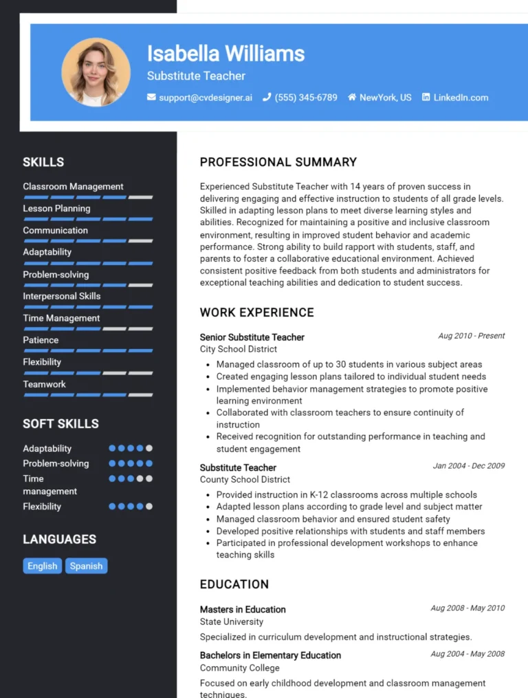 Substitute Teacher CV Example For 2025: Free Professional Templates