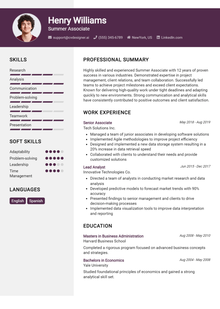 Summer Associate Resume Example for 2025: Tips & Templates
