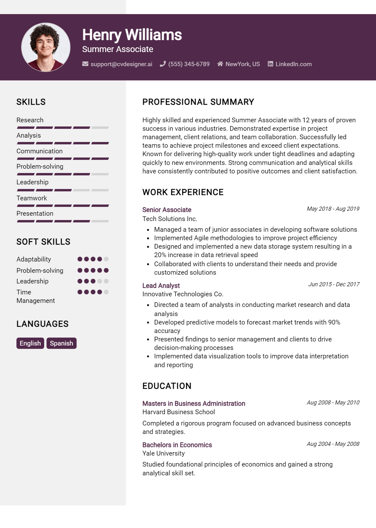 Summer Associate Resume Example