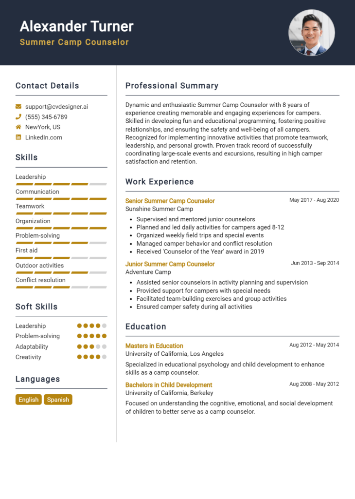 Summer Camp Counselor Resume Example for 2024: Free Guide - CVDesigner.ai