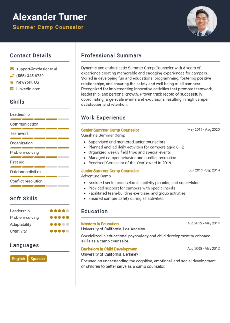 Summer Camp Counselor Resume Example for 2025: Free Guide
