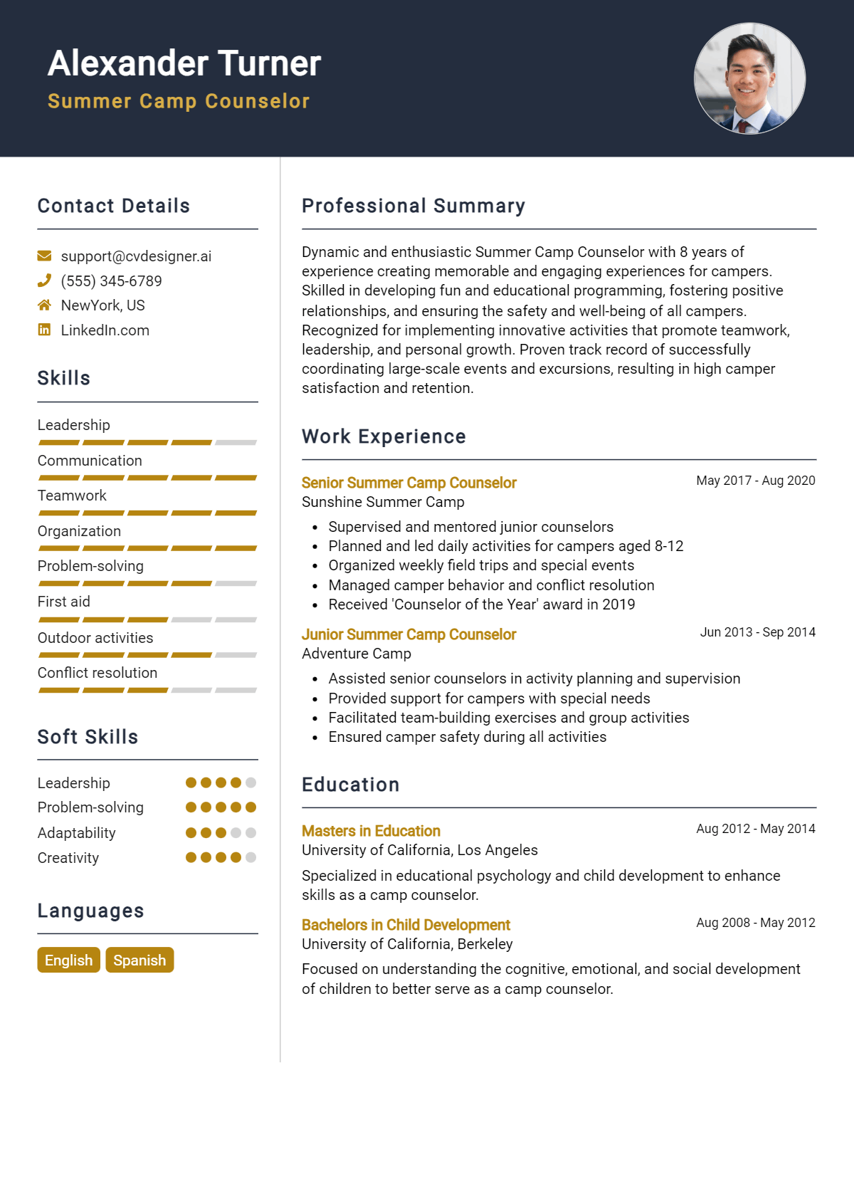 Summer Camp Counselor Resume Example