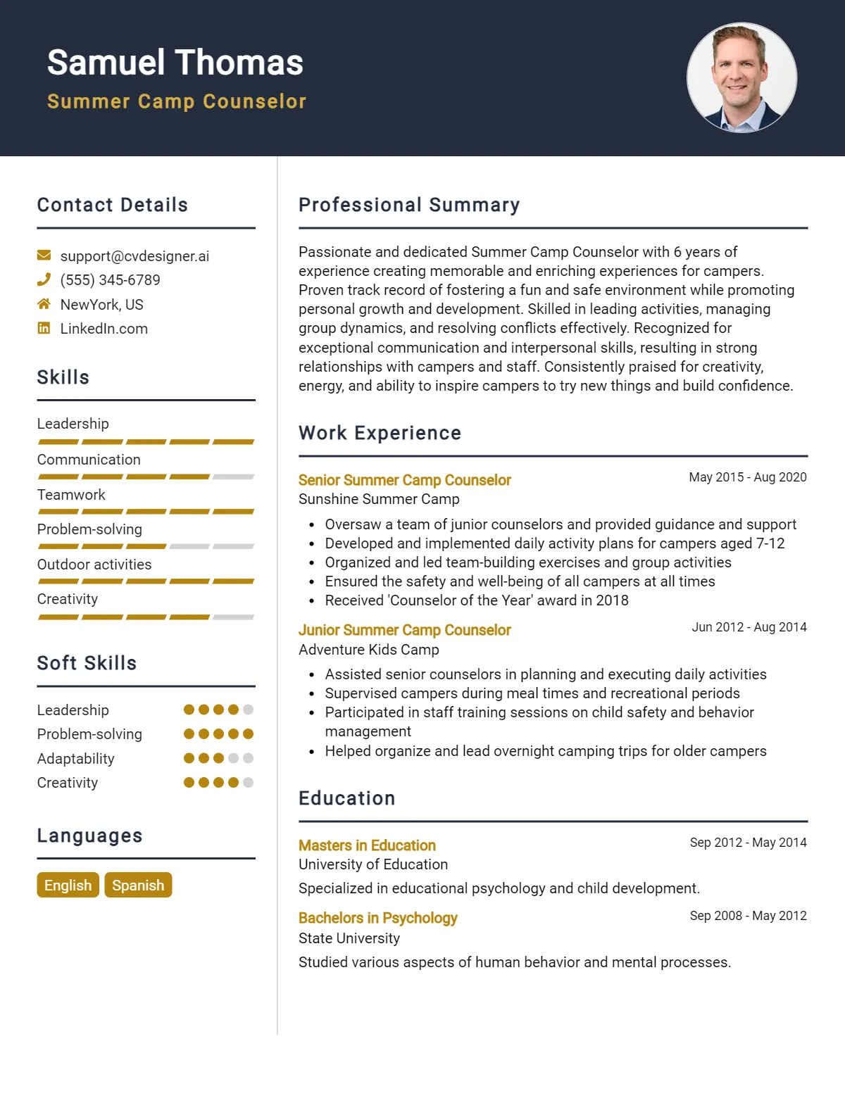 Summer Camp Counselor CV Example