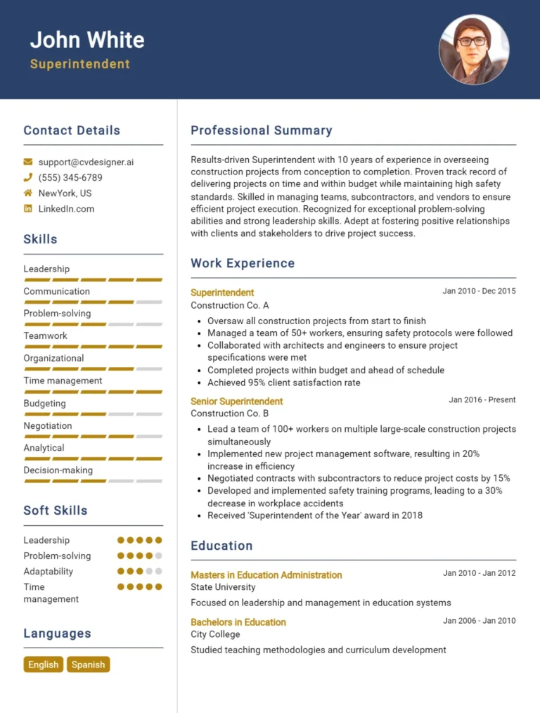 Superintendent CV Example For 2025: Best Writing Guide