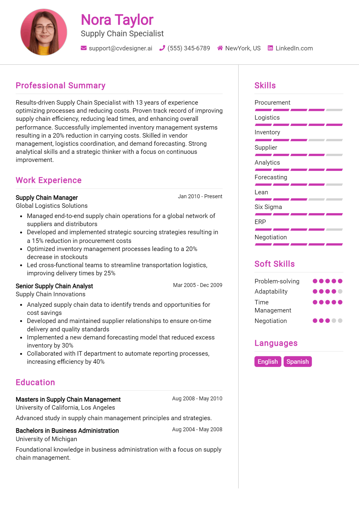 Supply Chain Specialist Resume Example