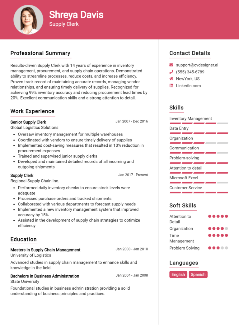 Supply Clerk Resume Example for 2025: Professional CV Templates