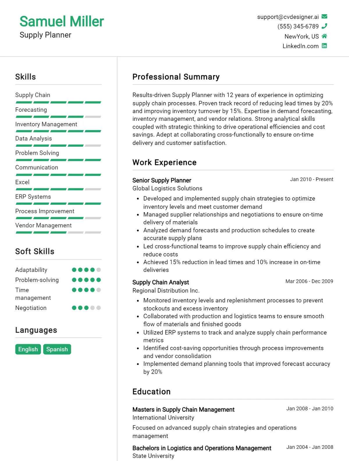 Supply Planner CV Example