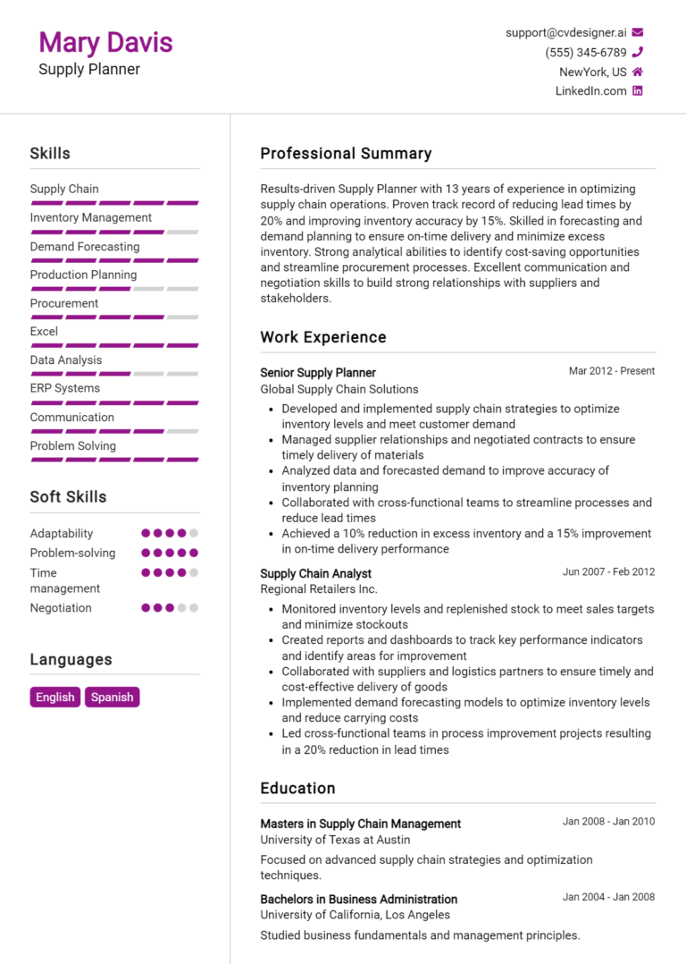 Supply Planner Resume Example for 2025: Effective CV Writing Tips