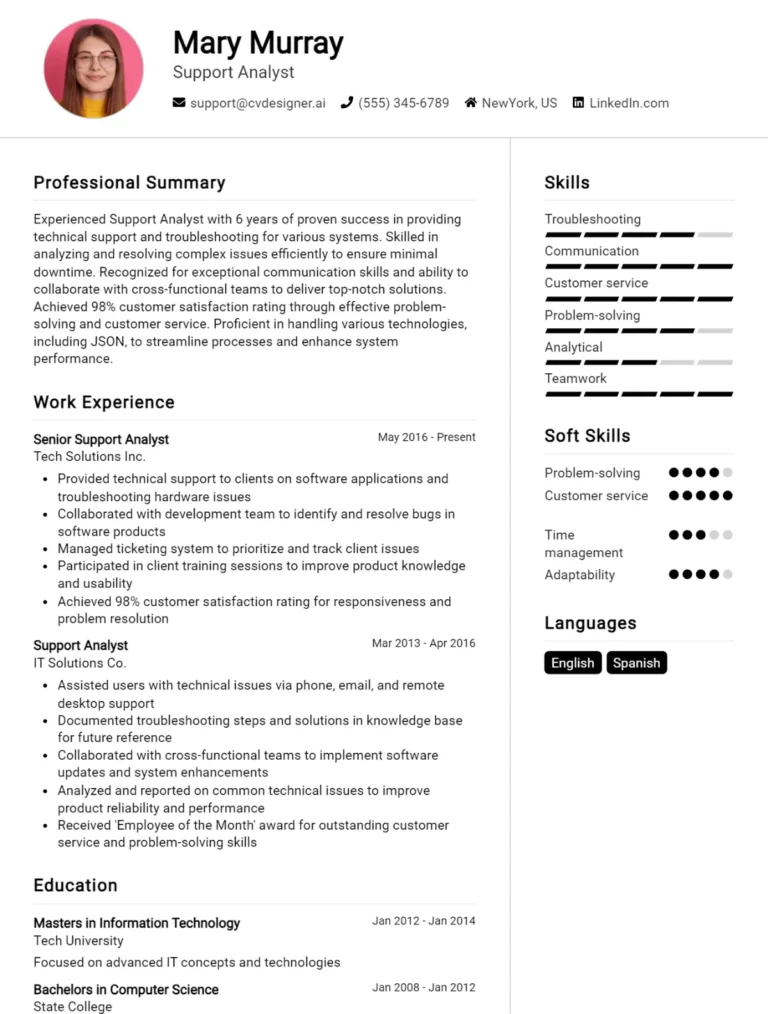 12 Support Analyst CV Examples And Templates For 2025