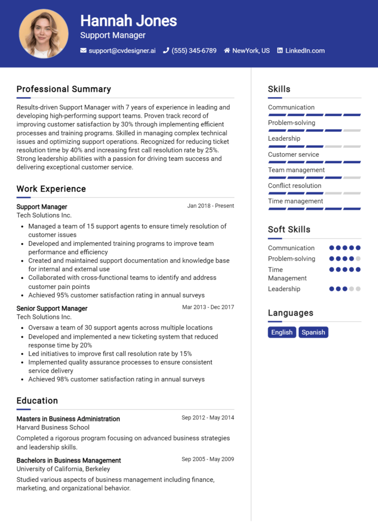 Support Manager Resume Example for 2025: Ultimate Guide