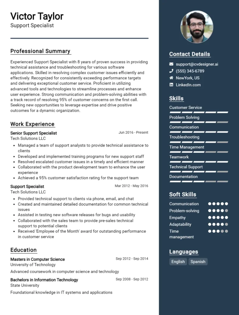 Support Specialist CV Example For 2025: Professional CV Templates