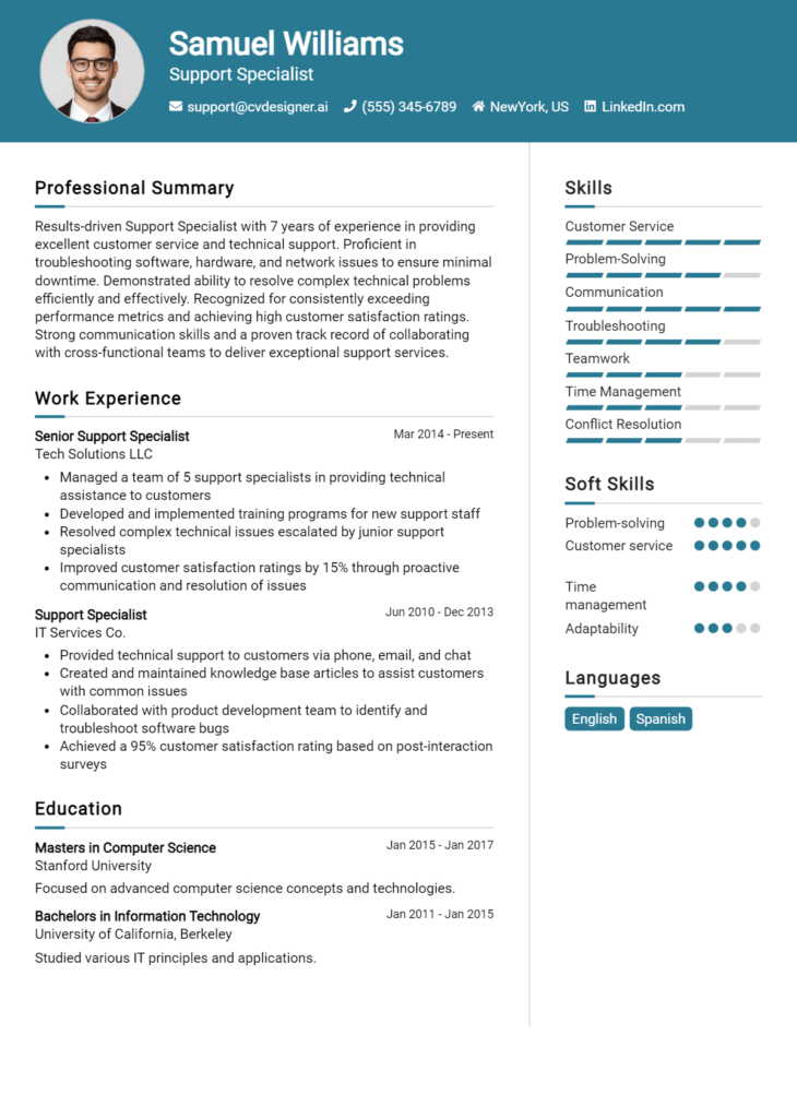 Support Specialist Resume Example