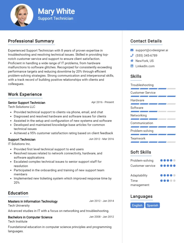Support Technician CV Example For 2025: Free Downloadable Templates