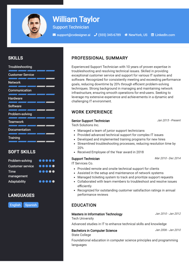 Support Technician Resume Example