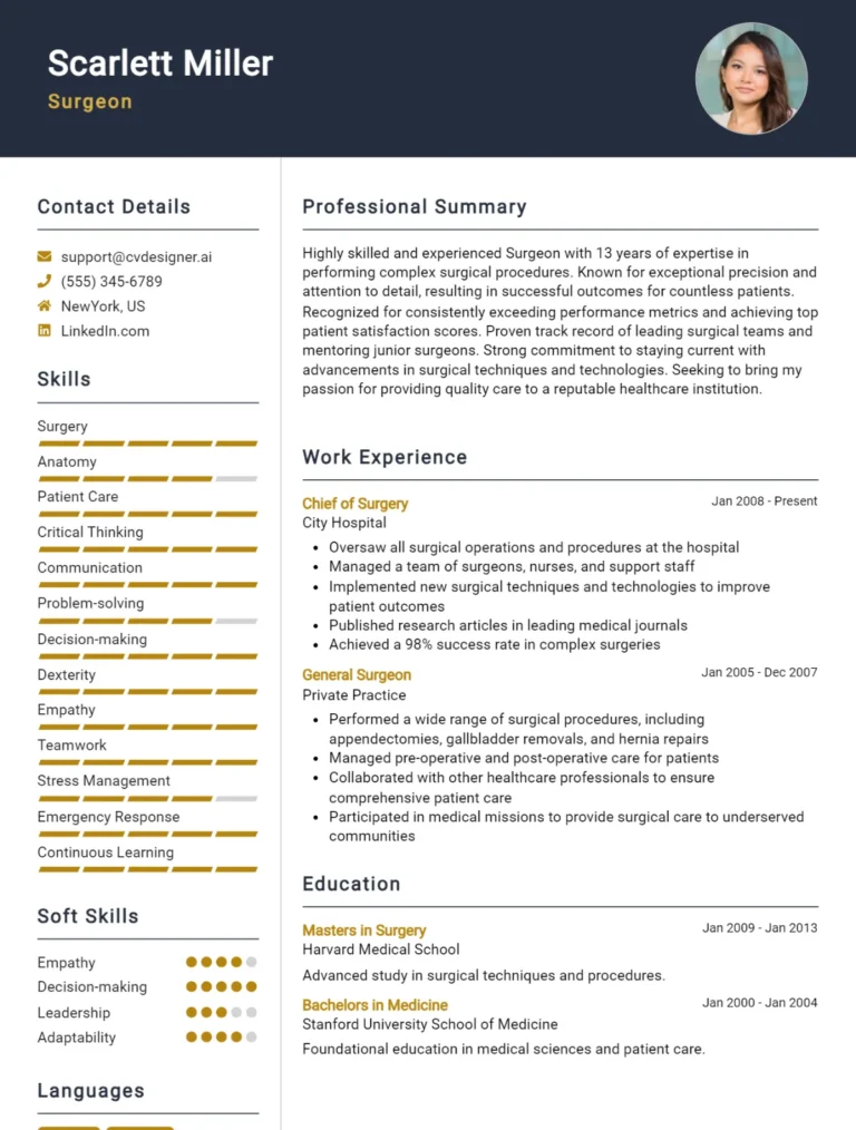 Surgeon CV Example For 2025: Best Writing Guide
