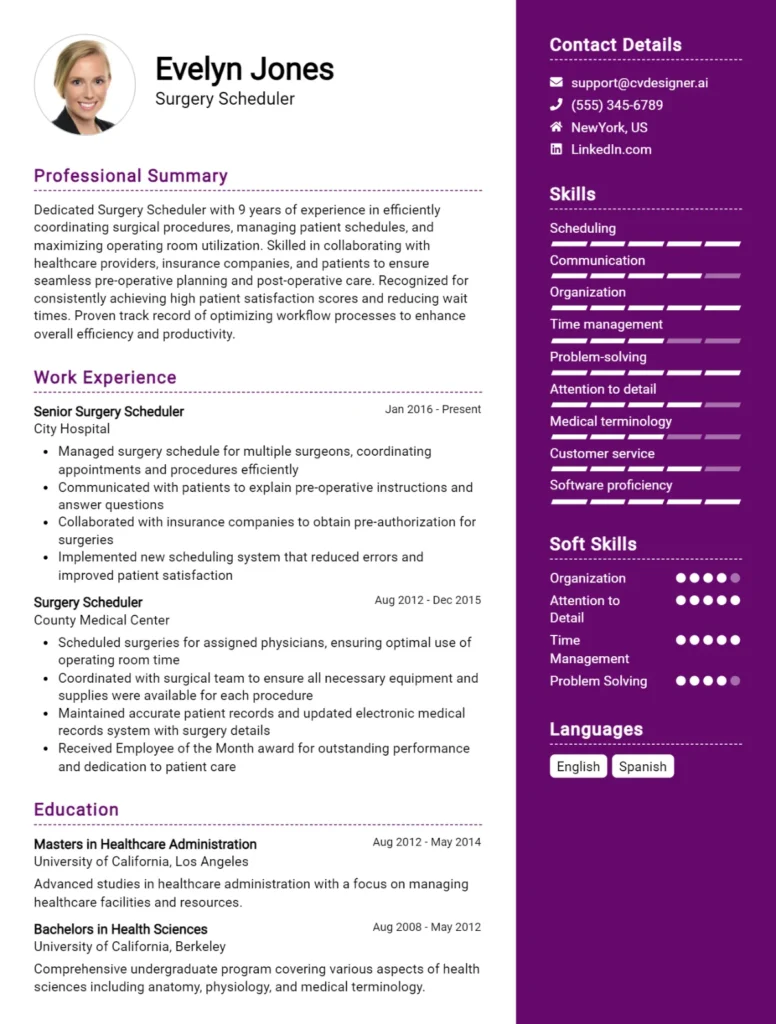 Surgery Scheduler CV Example