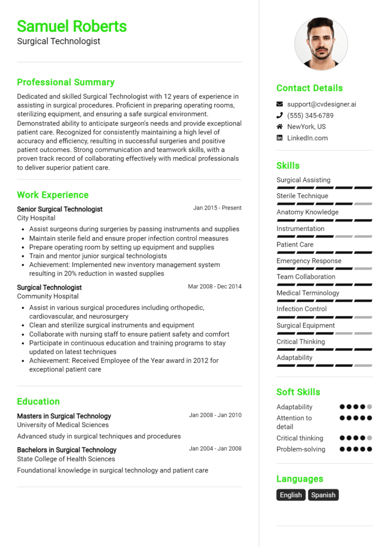 Surgical Technologist Resume Example for 2025: Strategies & Templates