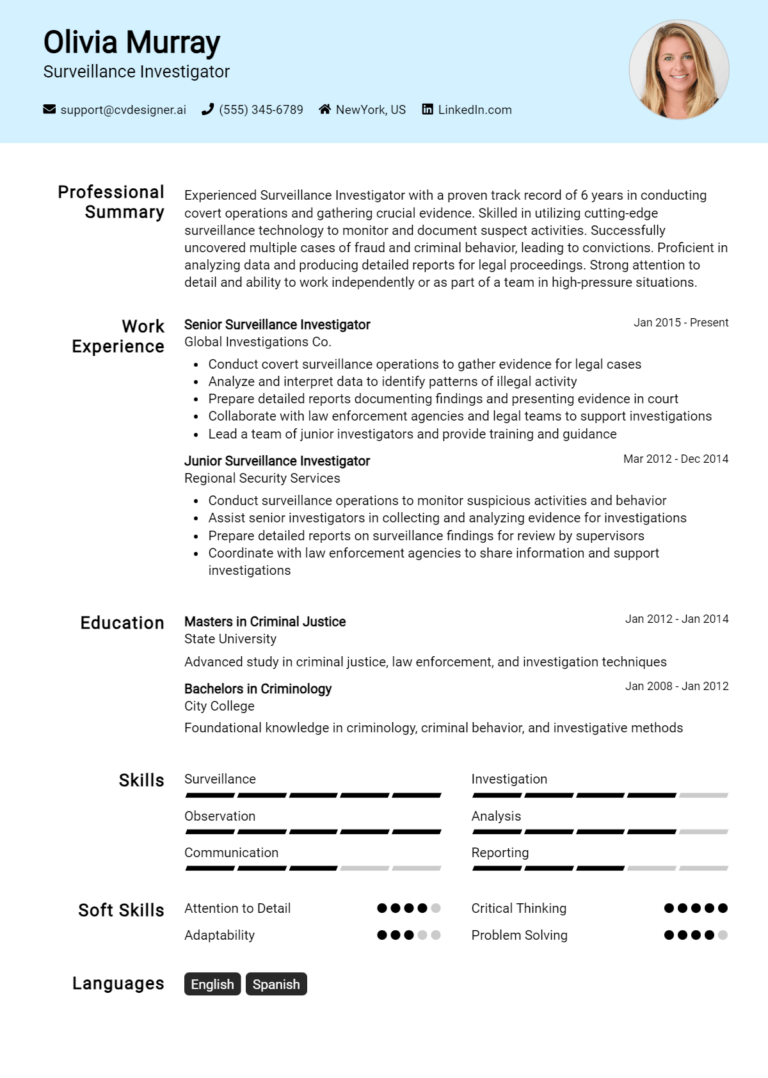 Surveillance Investigator Resume Example for 2025: Tips to Stand Out