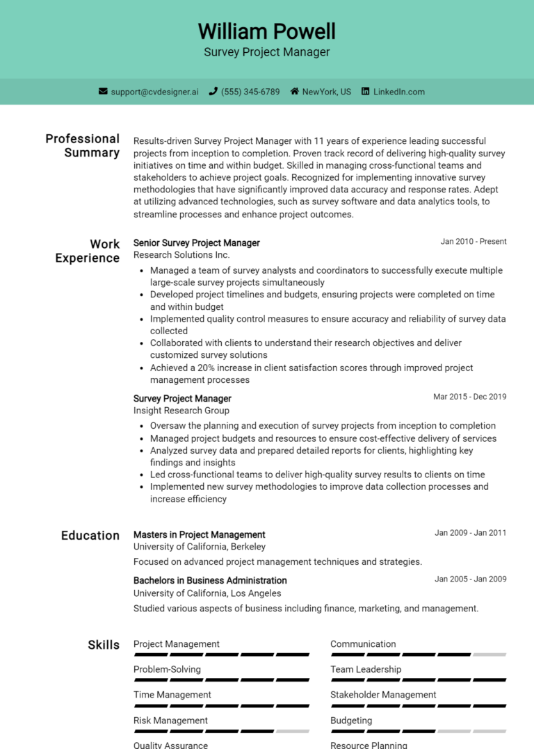 Survey Project Manager Resume Example for 2025: Writing Guide